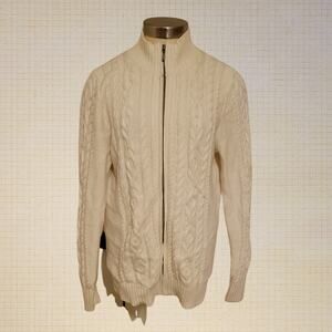 LL Bean Womens Large Cotton Cable Knit Zip Up Sweater Off White